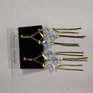 Women's Stunning Gold tone & Blue Beads Fringed Chandelier 3" Drop Earrings